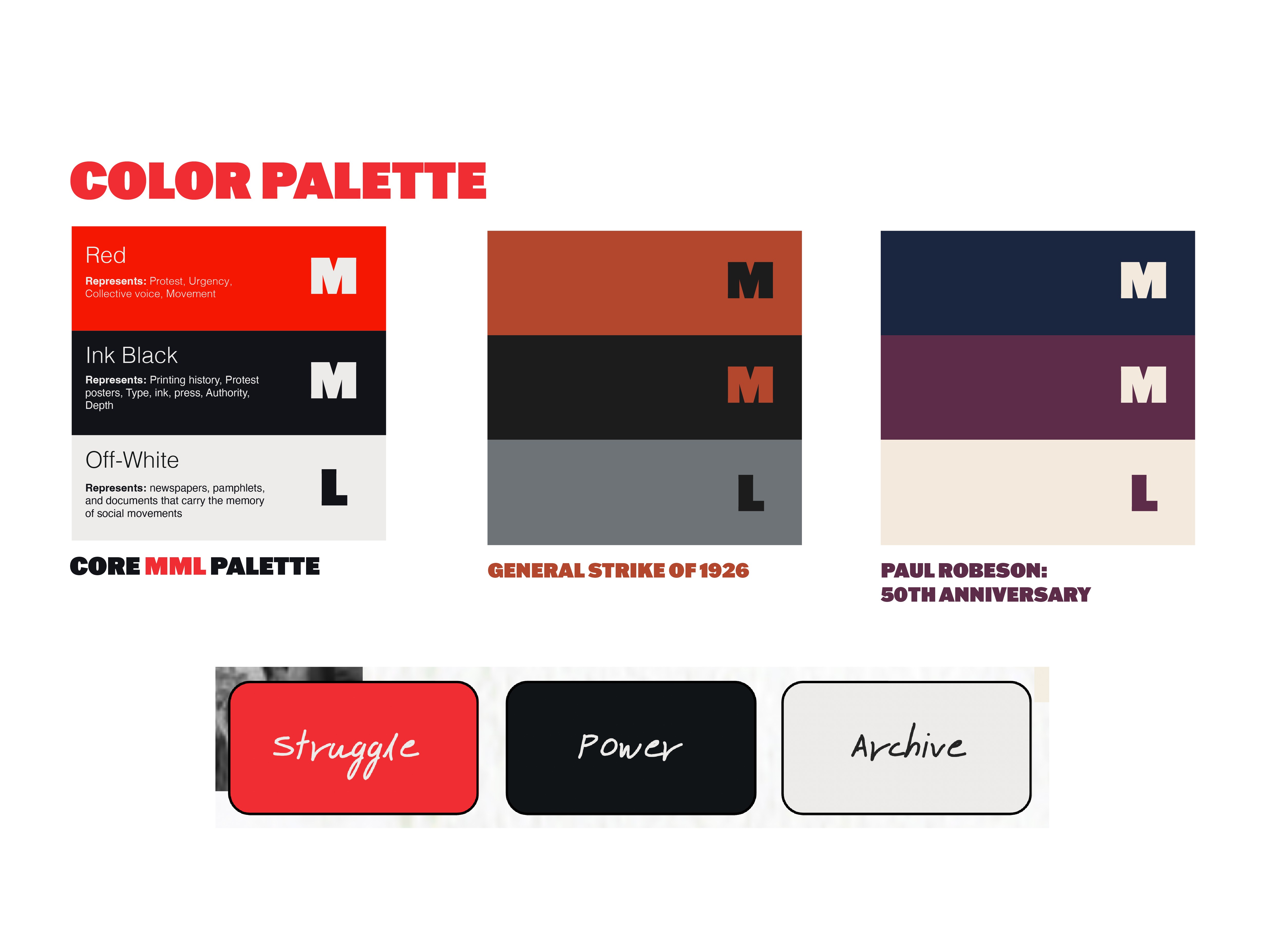 MML colour palette process board showing the core palette plus General Strike and Paul Robeson event variations